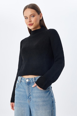 Mixray 6854 Kadın Dik Yaka Bütün Crop Triko Kazak Siyah Siyah