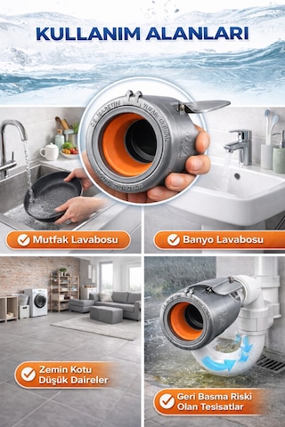 Lavabo Koku Giderici Çek Valfli Gider Adaptörü Ø50 Conta Evye Koku Ve Böcek Önleyici Sistem