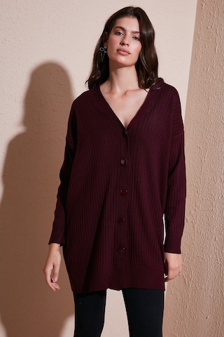 Lela V Yaka Düğmeli Uzun Triko Bayan Hırka 4616040Y Bordo