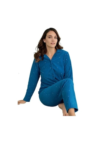 Minel Collection Kadın Pijama Takımı Uzun Kollu Yumuşak Dokulu Es Saks Mav