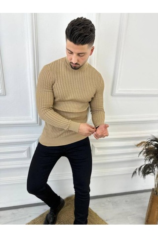 Kazak Slim Fit Tüylenmez Naturel Pamuk Triko Boğazlı Balıkçı Yaka Kazak Kahverengi