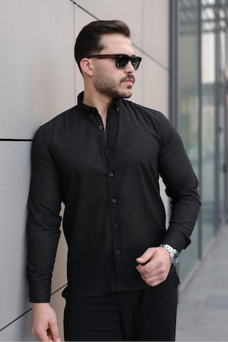 Baselco Premum Dik Yakalı Slim Fit Keten Görünümlü Gömlek Siyah