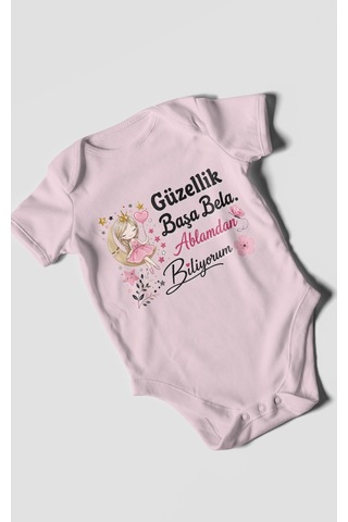 Morivokids Güzellik Başa Bela Ablamdan Biliyorum Kısa Kollu Bebek Body %100 Pamuk Bebe Pembe