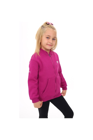 Toontoy Kız Çocuk Dik Yaka Fermuarlı Cepli Nakış Baskılı Örme Hırka - 2 İplik Şardonlu Mürdüm