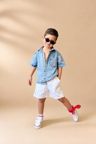 Eray Alp Kids Erkek Çocuk Mavi Kot Gömlek Beyaz Cepli Şort Takımı Günlük Rahat Kombin