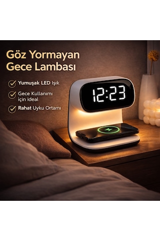 Polham 15w Kablosuz Şarjlı Led Masa Lambası Saat Alarm Özellikli Dijital Saat Gece Lambası Led Ekran Beyaz