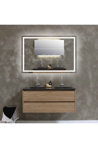 Nuun Dekor 90x70cm Beyaz Ledli Kumlamalı Banyo Aynası Trafolu Beyaz
