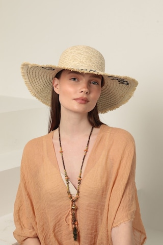 Bej Summer Vibes Yazılı Hasır Şapka Bej