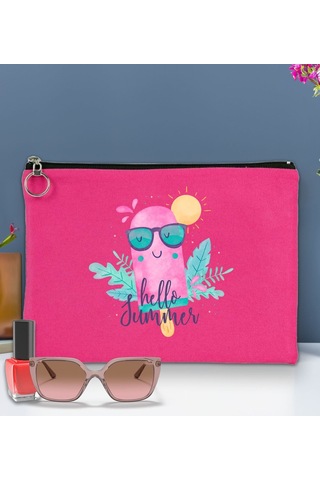 Bk Gift Yaz Temalı-5 Astarlı Fuşya Portföy Çanta 30x21cm, Baskılı El Çantası, Organizer Çanta Çok Renkli