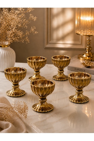 6 Lı Gold Kaplama Ayaklı Mini Kristal Cam Lüks Lokumluk Kahve Yanı Sunumluk Kase
