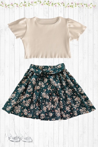 Çocuk Etekli Takım, Papatya Desenli Etek - Sütlü Kahve Crop Skahve-papatya Krem - Yeşil