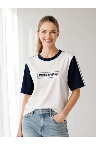 Nealirsanall.com "never Give Up" Baskılı Penye Tişört - Kontrast Kollu Spor Bluz Bordo