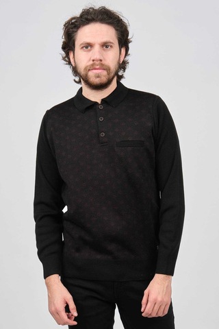 Çizgi Triko Erkek Cep Detaylı Polo Yaka Desenli Kazak 42544226 Siyah Siyah
