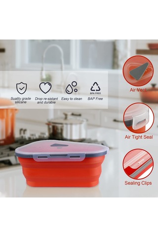 Neevoyu Kırmızı Gıda Kalitesi Silikon Pizza Kutusu - Yeniden Kullanılabilir, 5 Bölmeli, Mikrodalga & Bulaşık Makinesine Uygun, Leak-proof, Foldable Turuncu - Kırmızı