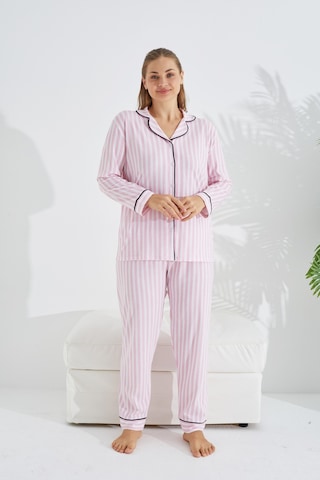 Siyah İnci Desenli Pamuklu Düğmeli Curve Büyük Beden Battal Pijama Takım Pembe Beyaz