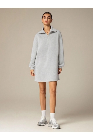 Afri 3 İplik Şardonlu Gri Oversize Fermuarlı Tunik Sweatshirt - Günlük Spor Elbise Gri
