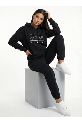 Nevermind Unisex Oversize Kalp Ritmi Baskılı Çift Hoodie Siyah