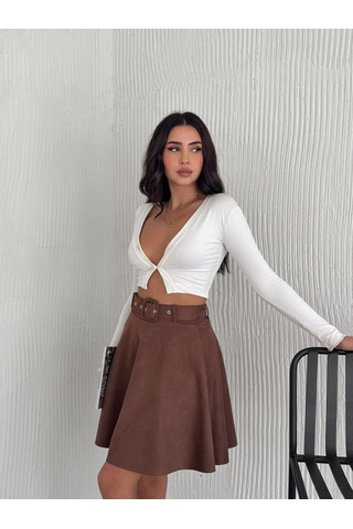 Ozy Fashion Kadın Koyu Kahverengi Midi Boy Kemerli Süet Kloş Etek Koyu Kahverengi