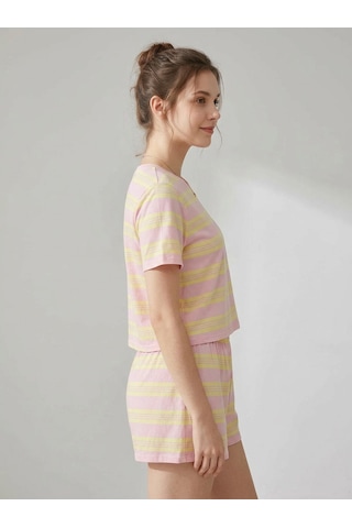 Pembe Sarı Çizgili T-shirt Şort Örme Pijama Takımı Pembe