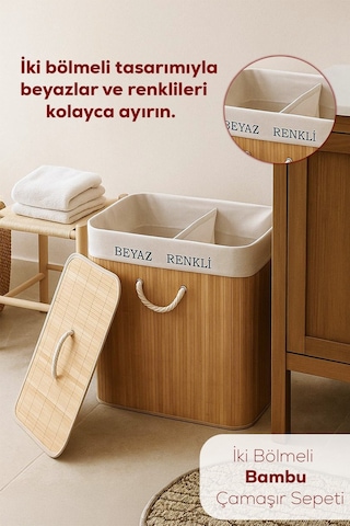 Porsima Çift Bölmeli Kapaklı Kirli Çamaşır Sepeti Dikdörtgen - İki Bölmeli Bambu Kirli Çamaşır Sepeti Cr71015