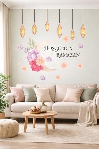 Sticker Hoş Geldin Ramazan Dekorlu Ahşap Kapı Süsü, Ramazan Süsleri, Sahur, İftar
