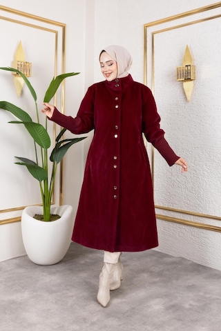 Hb Harma Time Butik Kadın Astarlı Angora Düğmeli Bordo Kaban Bordo Bordo
