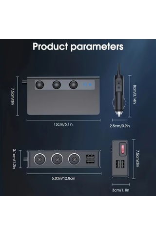 Motion003 Siyah 120w 180w Cift Usb Portlu Gerilim Gostergeli Yuksek Guc Araç Sarj Cihazi 12v 2