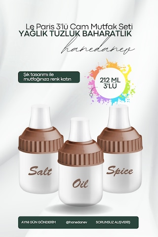 3 Parça Cam Yağlık Cam Tuzluk Cam Baharatlık 212 Ml Mutfak Seti 7x14 Cm Beyaz