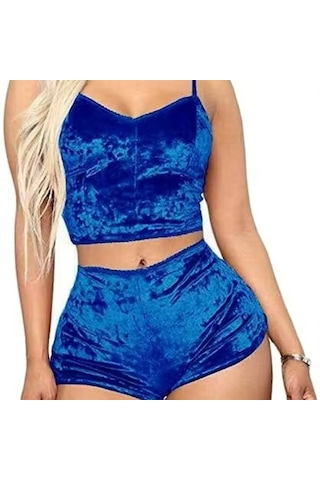 Ece's Design Kadife Pijama Takımı Şort 2'li Set Yumuşak Ev Giyim Loungewear W2001 Koyu Mavi