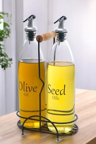 Digithome Aura 2'li Siyah Metal Standlı Ahşap Saplı Yağdanlık Seti Şeffaf Etiketli Cam Yağlık 1000 Ml Cys-19 Siyah