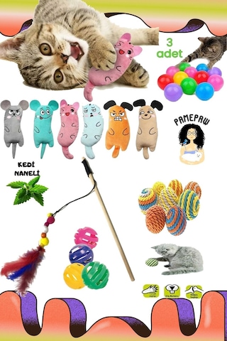 7'li Set:peluş Oyuncağı Kedi Otlu Catnipli ,sarma Topu+3'lü Renkli Top+ Kedi Oltası+çıngıraklı Top