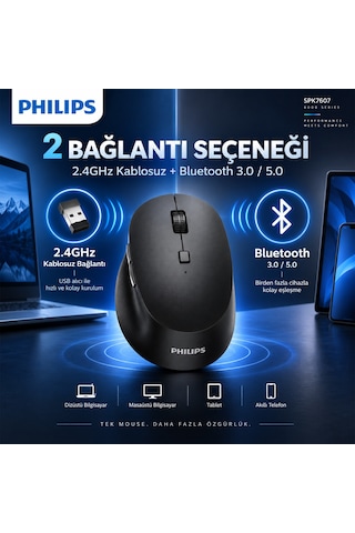 Philips SPK7607 Kablosuz 2.4GHz + Bluetooth 3200 DPI 7 Tuşlu Sessiz Mouse