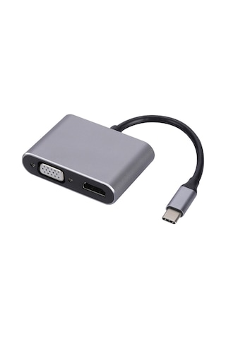 Usb-c 4 Ü 1 Arada 4k Hdmı + Vga + Usb 3.0 + Pd Hızlı Şarj Çoklayıcı Adaptör Gri