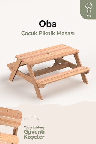 Ovlo Ahşap Çocuk Bahçe Masası Şemsiye Delikli 3-8 Yaş 4 Kişilik Oba Naturel