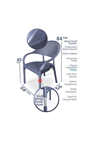 Bambu Pro 90x150cm Rattan Bahçe Balkon Masa Takımı 6 Kişilik Camsız Set Antrasit