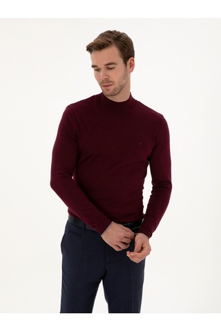 Cacharel Bordo Slim Fit Pamuk Karışımlı Yarım Balıkçı Yaka Triko Kazak Kırmızı