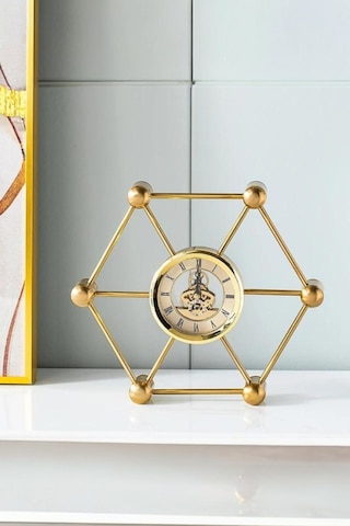 Chacha Home Luxury Altıgen Model Space Geometrik Sanat Masa Saati Lüks Dekoratif Hediyelik Obje 27x24x5 Cm Gold