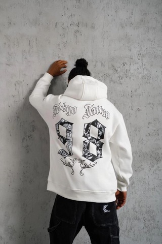 Mbb E-ticaret Erkek 98 Baskılı Kapşonlu 3 İplik Pamuklu Sweatshirt Hoodie - Beyaz