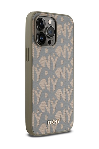 Apple Uyumlu iPhone 14 Pro Max Kılıf Dkny Lisanslı Magsafe Şarj Özellikli 3d Yazılı Grid Pattern Kapak Kahverengi