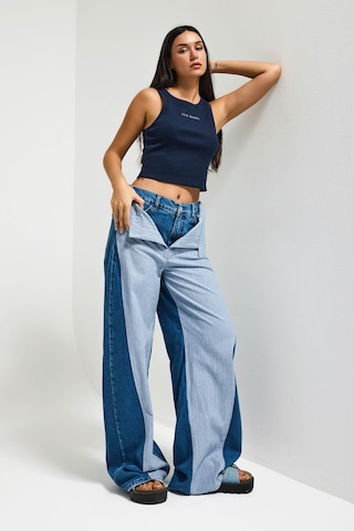 Itsbasic Kadın Kot Rengi Palazzo Fit Çift Kemer Detaylı Özel Tasarım Denim Jean