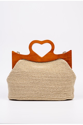 Fabric Craft Bag El Çantası Örgü Floş İplik Ahşap Saplı Açık Bej