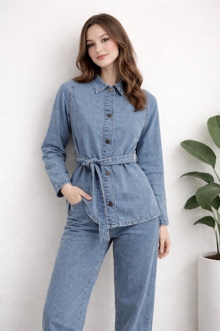 Hiramir Kadın Modern Kesim Kuşaklı Denim Takım Yz2601 Mavi