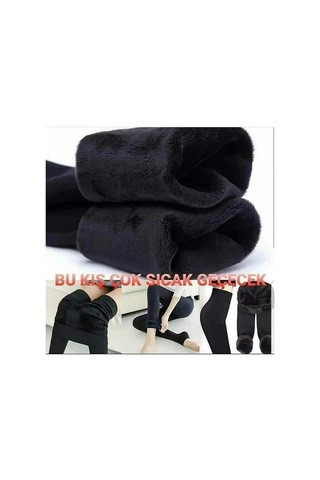 Lüx Wood Kadın Kalın Kışlık Yüksel Bel İçi Polarlı Peluş Çift Dikişli Siyah Termal Tayt Siyah