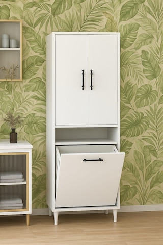 Kirli Sepetli 2 Kapaklı 3 Raflı Çok Amaçlı Ahşap Banyo Dolabı, Banyo Düzenleyici Çamaşır Sepeti Beyaz