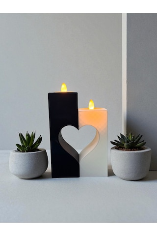 Kalp Detaylı İkili Led Tealight Mumluk Siyah Beyaz Romantik Dekoratif Set