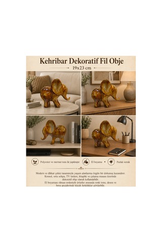 Dekoratif Fil Heykeli Kehribar 19x23 Cm Modern Biblo, Masaüstü Ve Konsol Üstü Ev & Ofis Dekorasyon Objesi