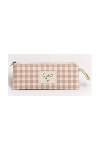 Kişiye Özel Pembe Ekose Etiket Baskılı Fermuarlı Clutch El Çantası Makyaj Çantası