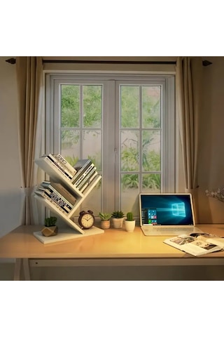 Ağaç 5 Raflı Dekoratif Kitaplık Eğimli Raflı Modern Masaüstü Kitaplık Beyaz Beyaz