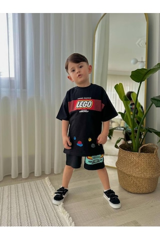 Miniko Kids Erkek Çocuk Legoo Modelli Baskılı Şortlu Pamuk Takım Siyah
