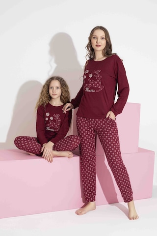 Aygebu Tarık Kadın Bordo Geyikli Desen Anne Kız Kombin Termal Kışlık Sıcak Tutan Yumuşak Pijama Takımı